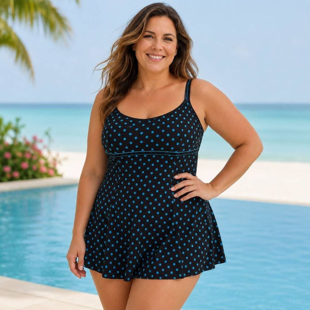 Le Cove Swim Dress 18W Black Blue Polka Dot One Piece Swimsuit Plus Size